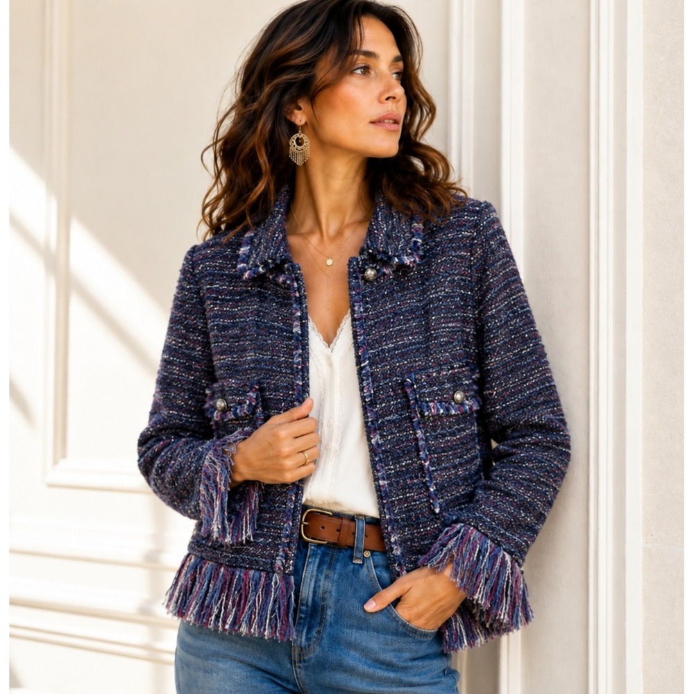 For the Republic Boho Tweed Jacket Women Size‎ 8 Navy Fringe Cropped Career NWT